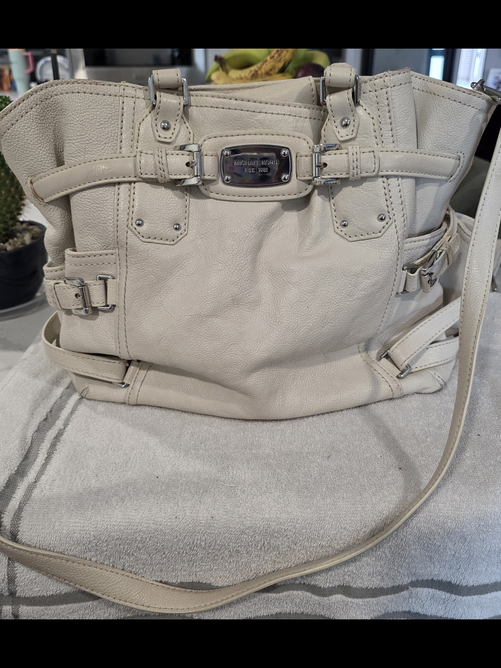 Michael Kors Ivory Leather Shoulder Bag with Silver Hardware